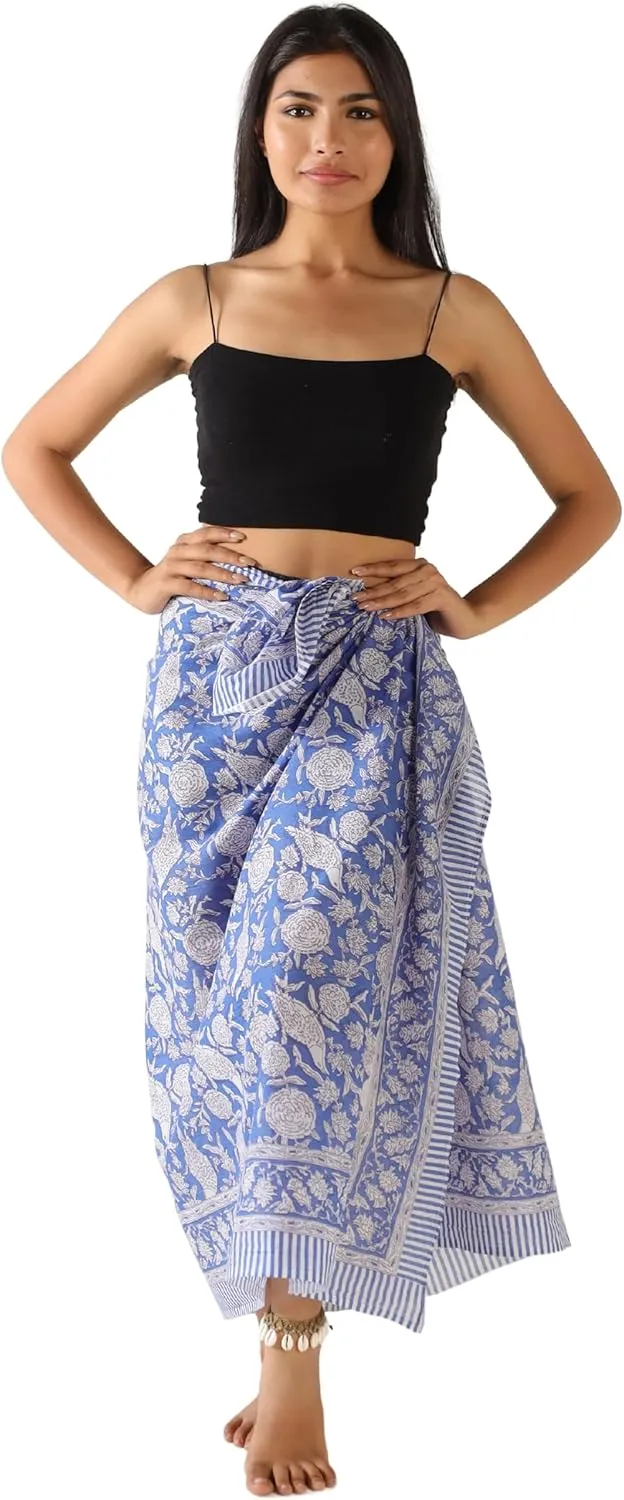 100% Cotton Sarong Coverup for Women Indian Hand Block Print Swimsuit Pareo Wrap Skirt Beach Bikini Cover Up Long (73" x 43")