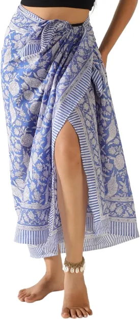 100% Cotton Sarong Coverup for Women Indian Hand Block Print Swimsuit Pareo Wrap Skirt Beach Bikini Cover Up Long (73" x 43")