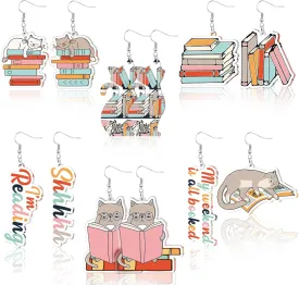 6 Pairs Bookcase Book Earrings for Women Acrylic Teacher Accessories Library Funny Cat Earrings for Book Lovers Gifts