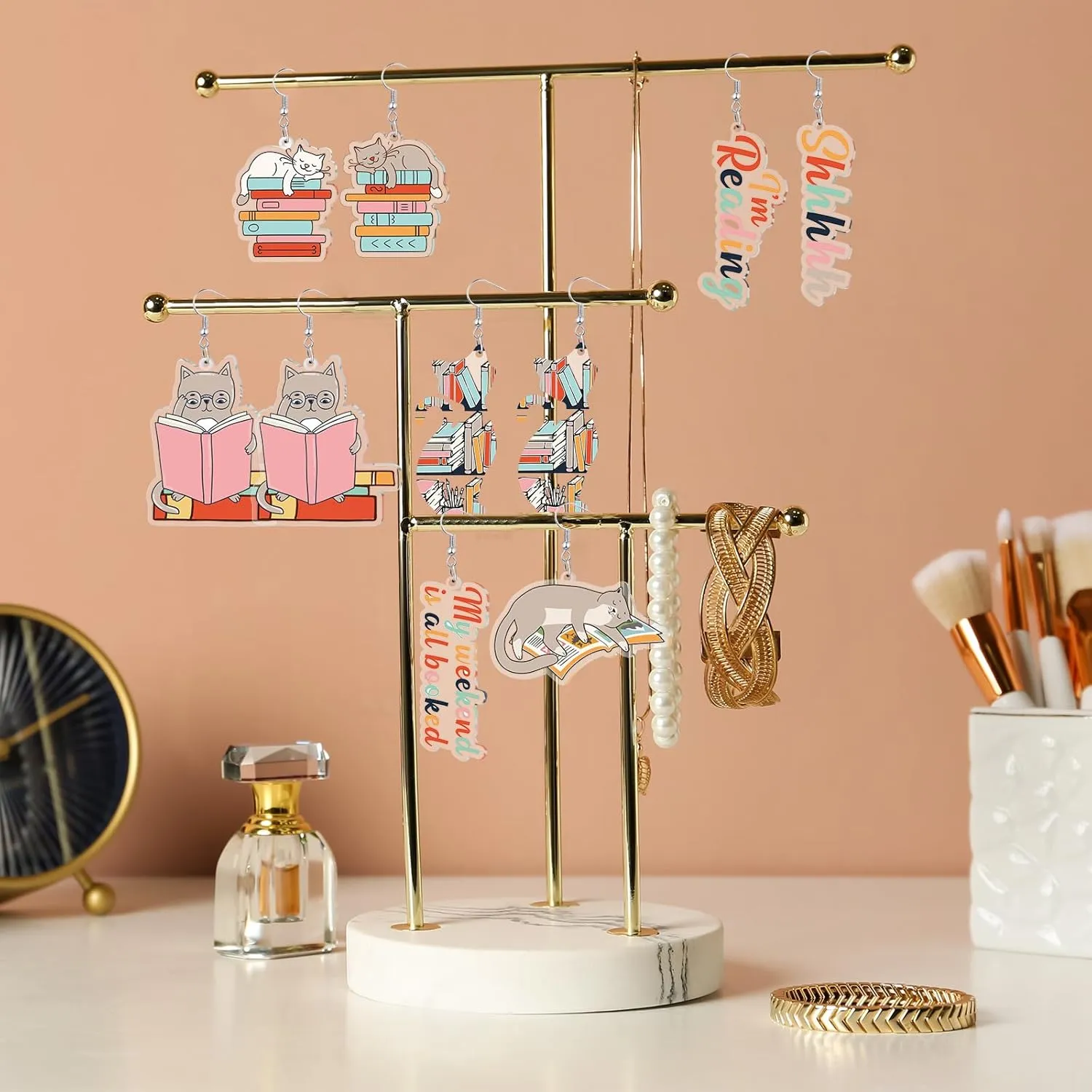 6 Pairs Bookcase Book Earrings for Women Acrylic Teacher Accessories Library Funny Cat Earrings for Book Lovers Gifts