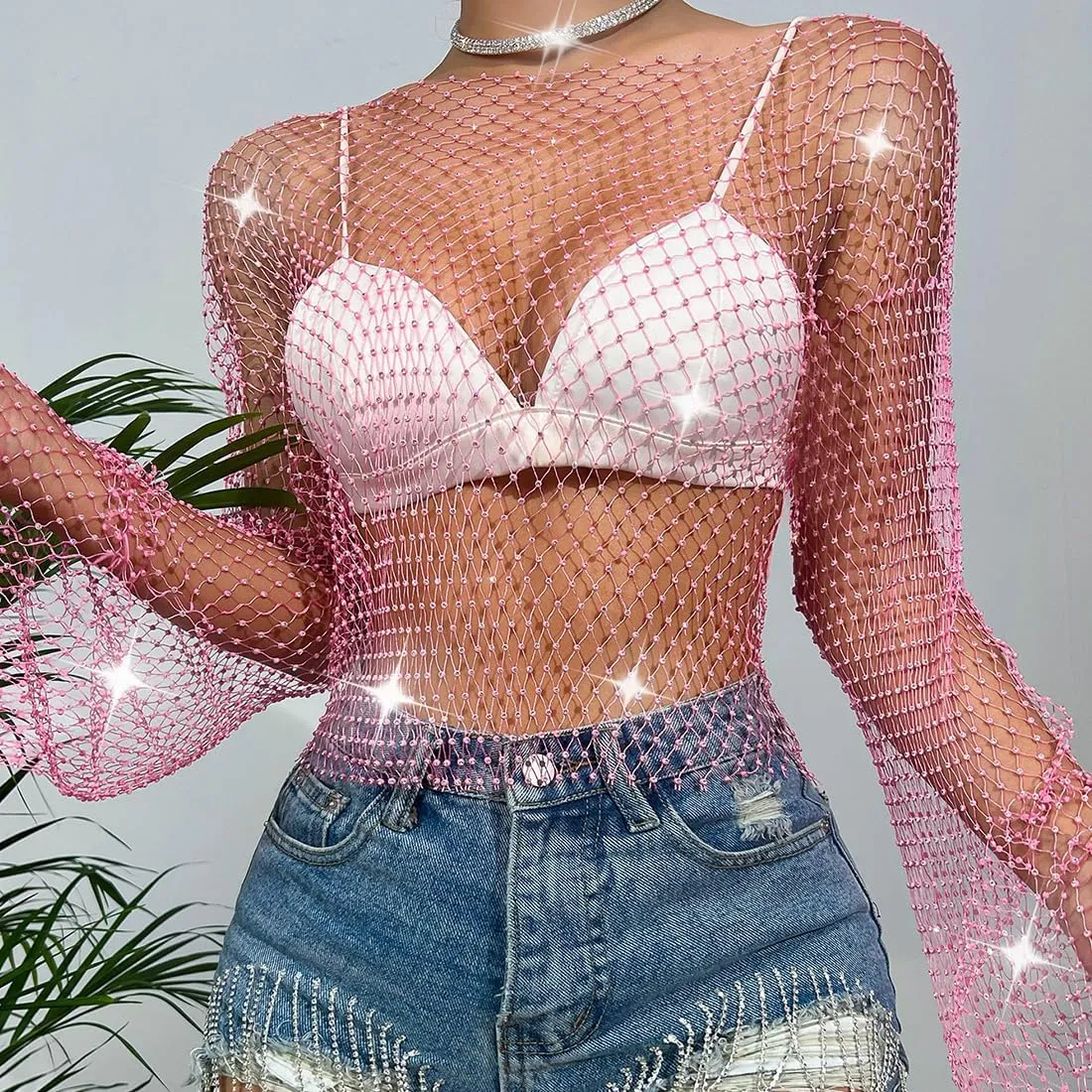 ABAFIP Women's Sparkly Rhinestone Crop Top Long Sleeve Mesh Bikini Cover up Fishnet Shirts Rave Tops