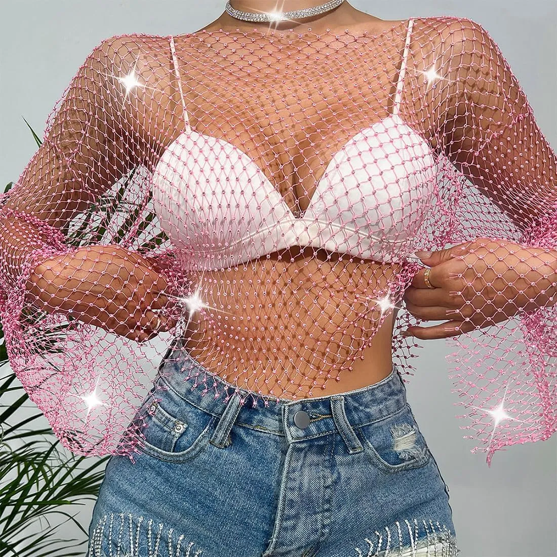 ABAFIP Women's Sparkly Rhinestone Crop Top Long Sleeve Mesh Bikini Cover up Fishnet Shirts Rave Tops