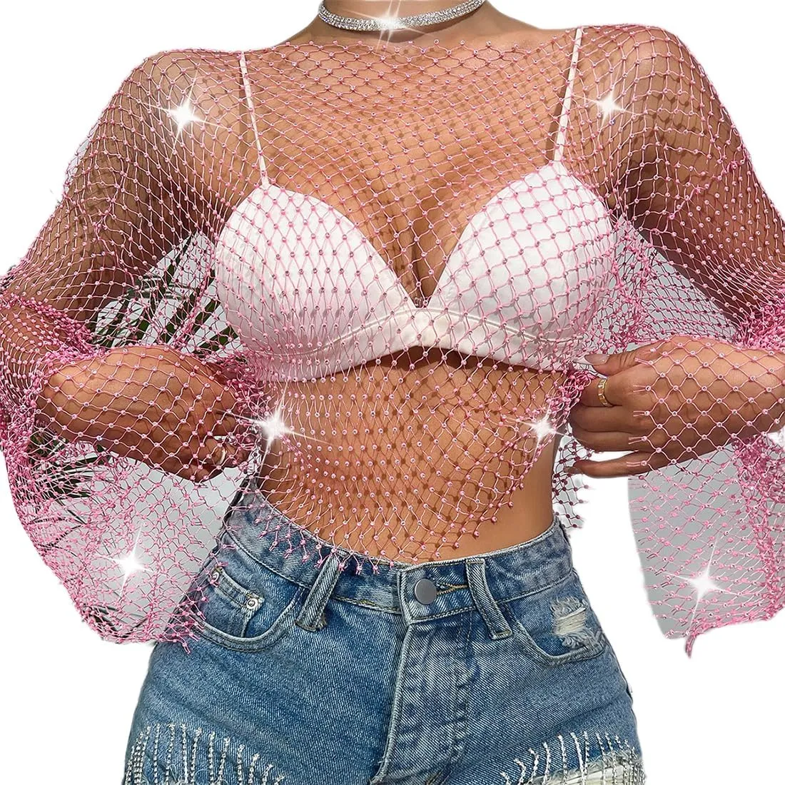 ABAFIP Women's Sparkly Rhinestone Crop Top Long Sleeve Mesh Bikini Cover up Fishnet Shirts Rave Tops