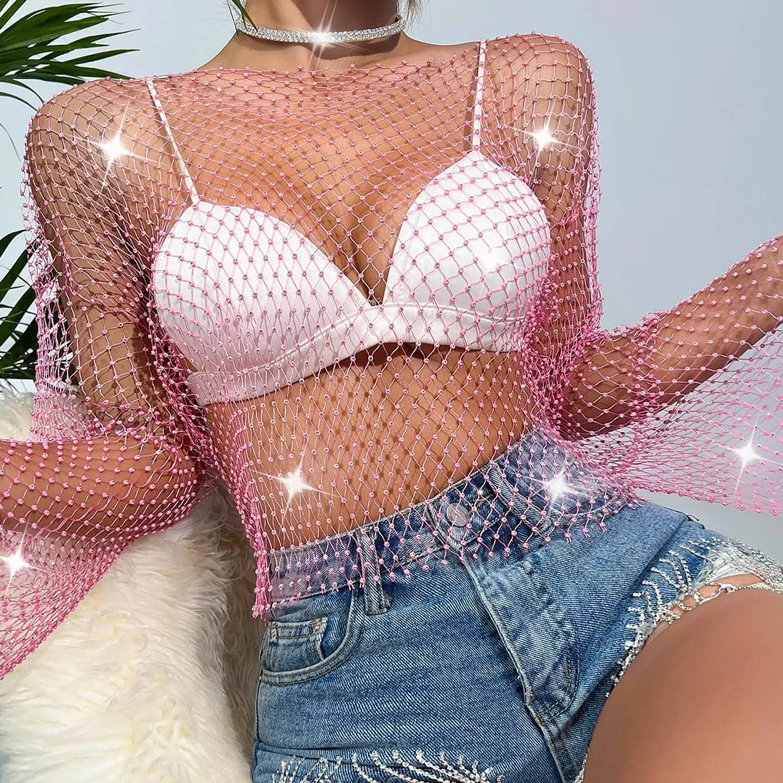 ABAFIP Women's Sparkly Rhinestone Crop Top Long Sleeve Mesh Bikini Cover up Fishnet Shirts Rave Tops