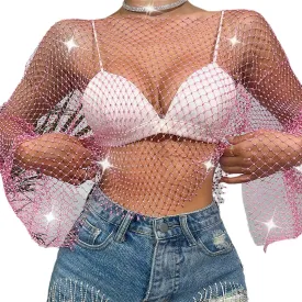 ABAFIP Women's Sparkly Rhinestone Crop Top Long Sleeve Mesh Bikini Cover up Fishnet Shirts Rave Tops