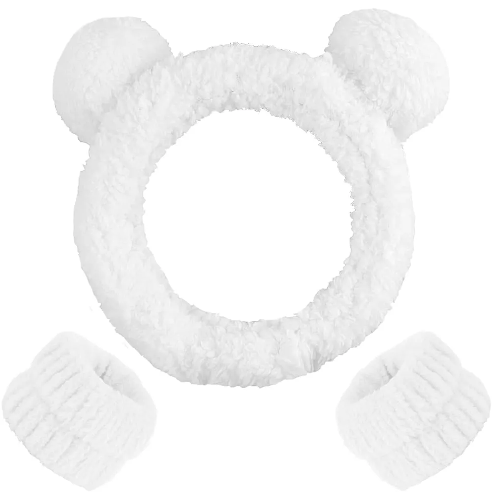 AHONEY Spa Bear Ears Headband Set - Face Wash Headband and Wristband, Fluffy Elastic Hair Band for Women & Girls (White)