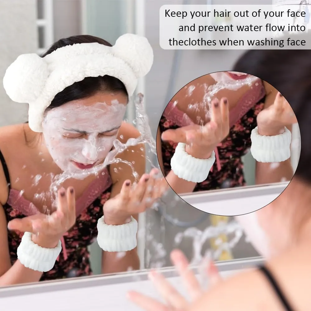 AHONEY Spa Bear Ears Headband Set - Face Wash Headband and Wristband, Fluffy Elastic Hair Band for Women & Girls (White)