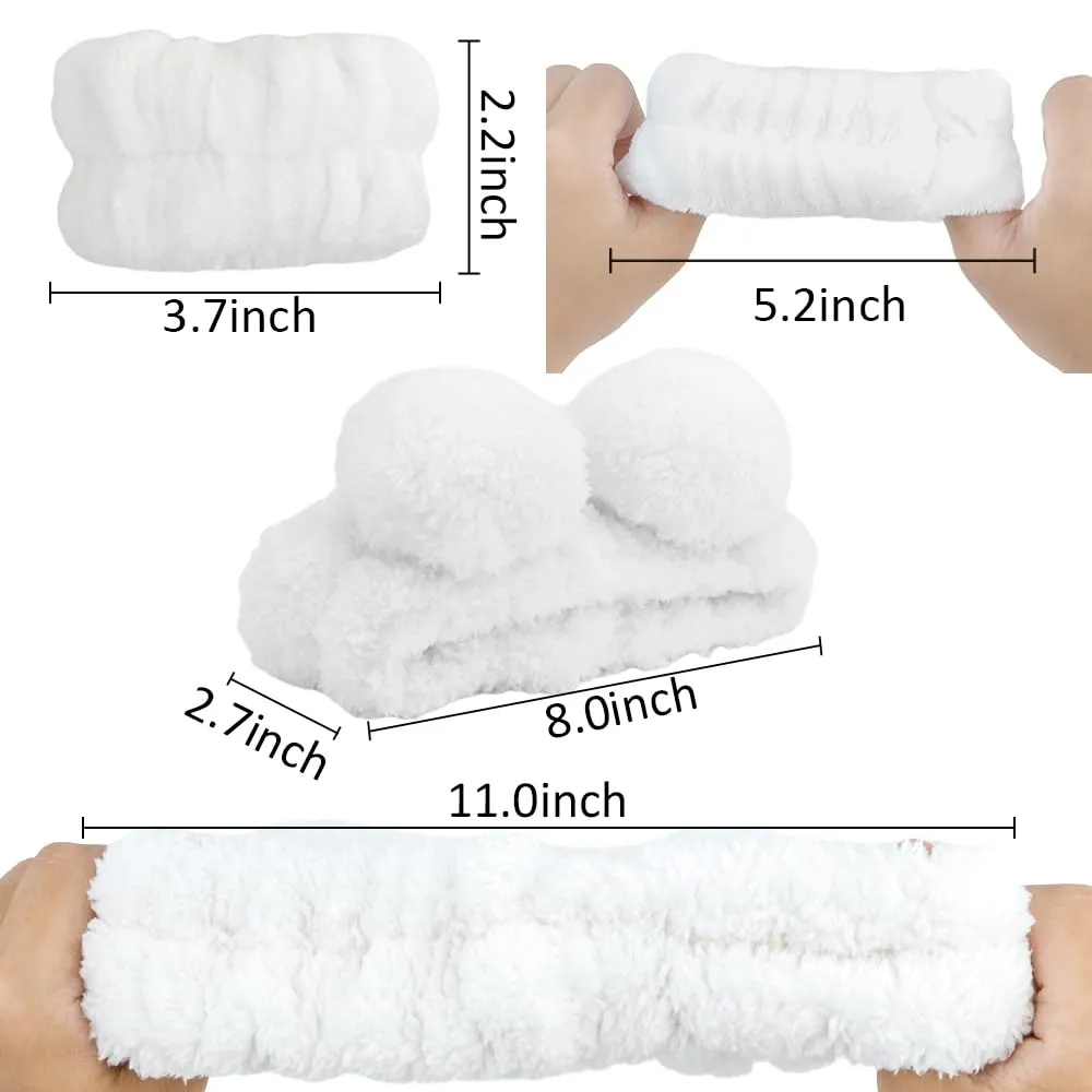 AHONEY Spa Bear Ears Headband Set - Face Wash Headband and Wristband, Fluffy Elastic Hair Band for Women & Girls (White)