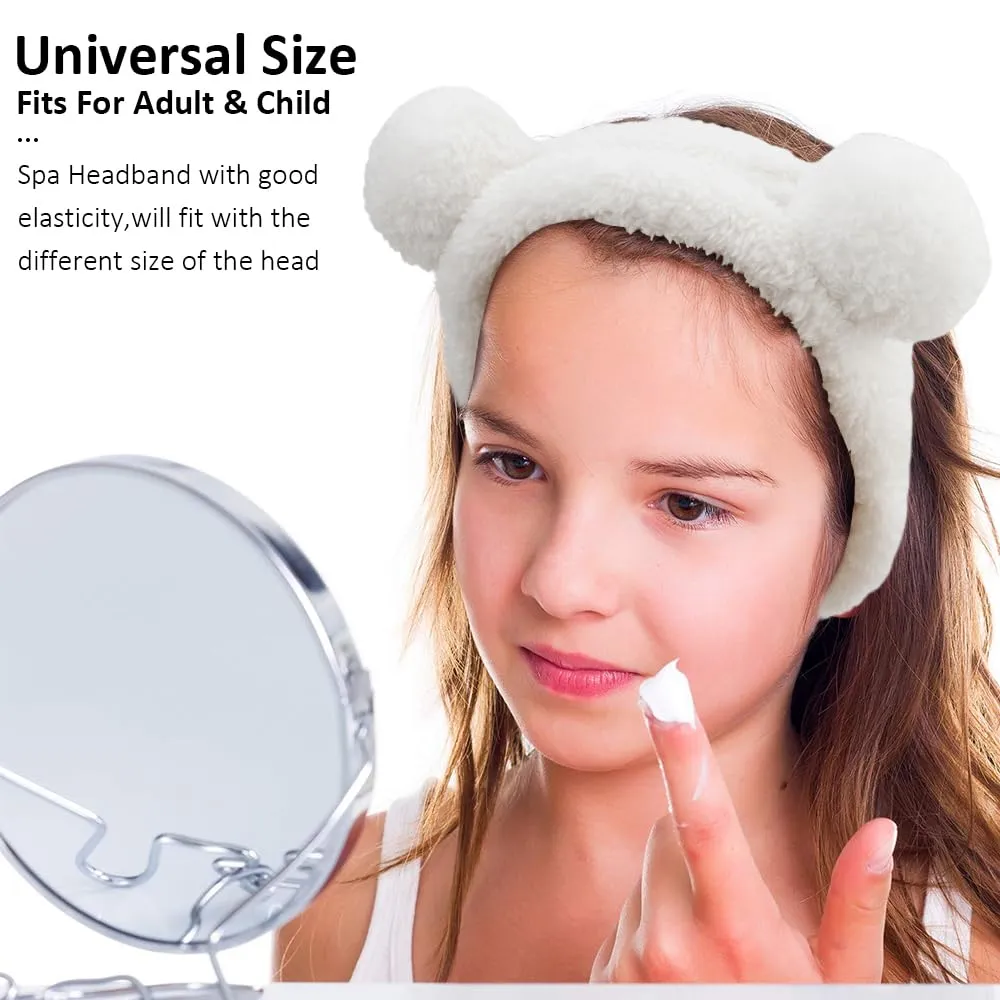 AHONEY Spa Bear Ears Headband Set - Face Wash Headband and Wristband, Fluffy Elastic Hair Band for Women & Girls (White)
