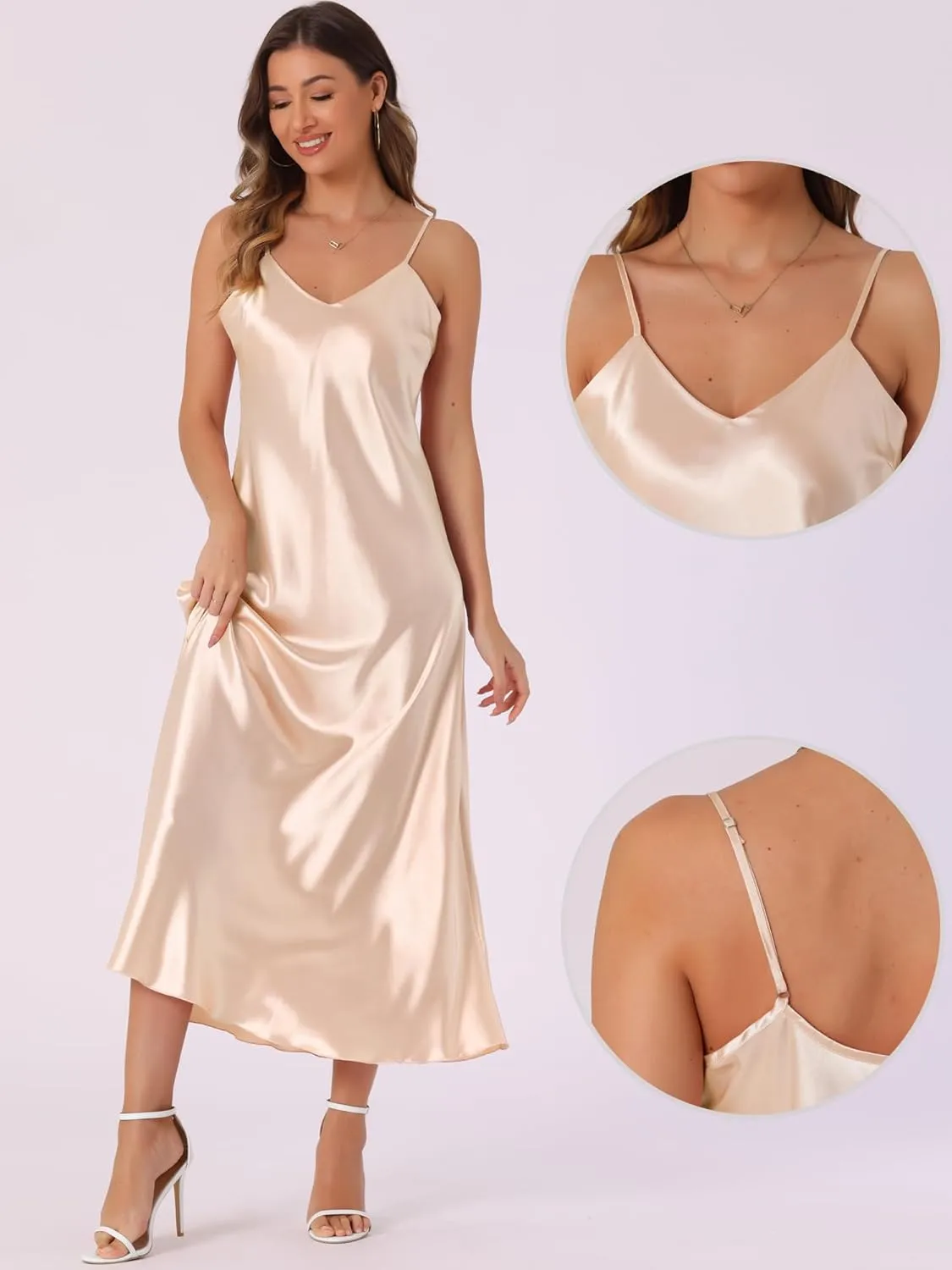 Allegra K Satin Sleeveless Dresses for Women's V Neck Spaghetti Strap Evening Party Silky Maxi Dress