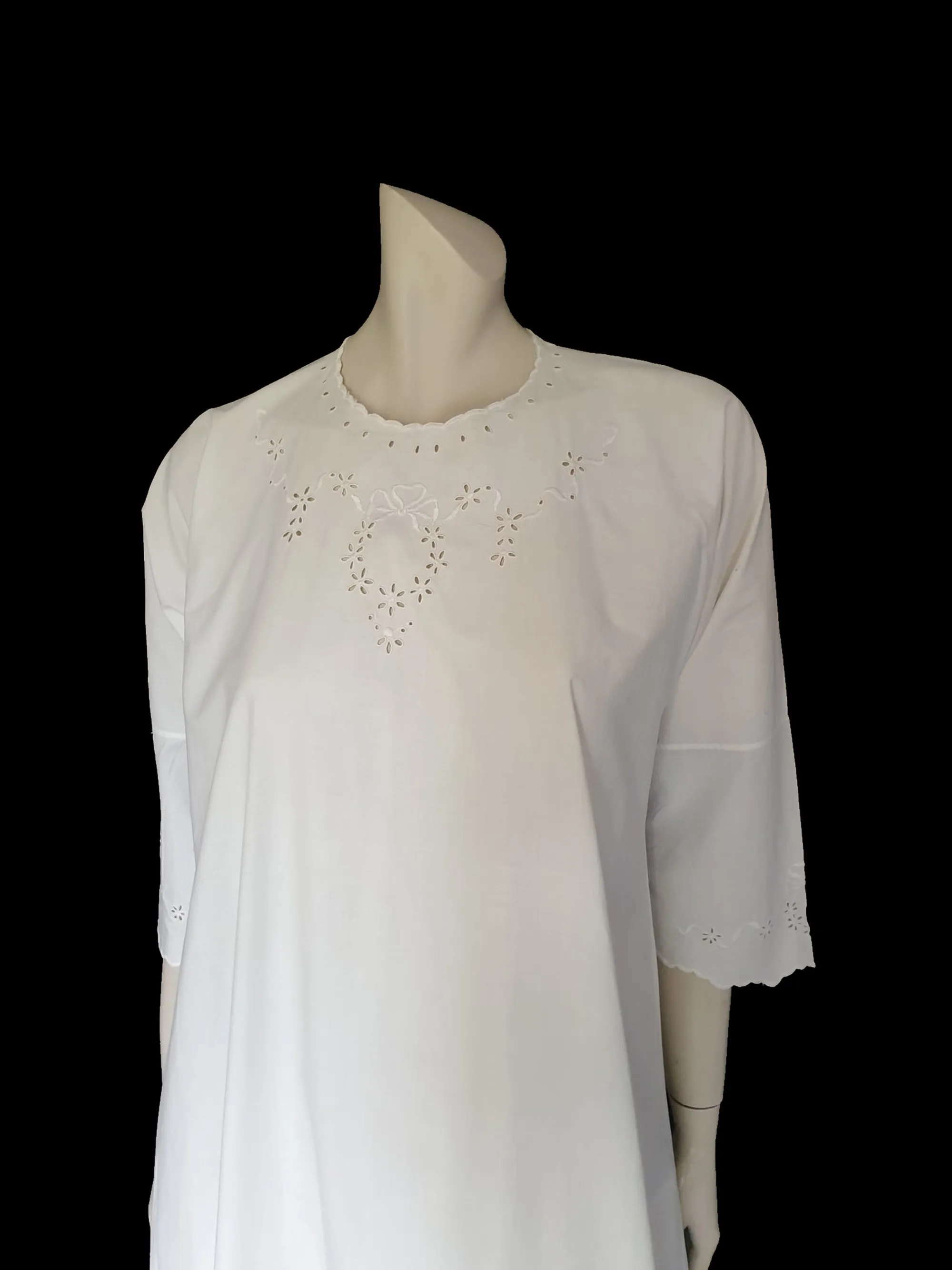 Antique White Cutwork Eyelet Nightgown - Broderie Anglaise - M