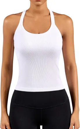 ATTRACO Women's Workout Tank Top Built in Bra Ribbed Athletic Tank Racerback Workout Top Scoop Neck