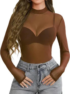 Avidlove Mesh Top for Women Long Sleeve See Through Shirt Mock Neck Sheer Blouse S-XXL