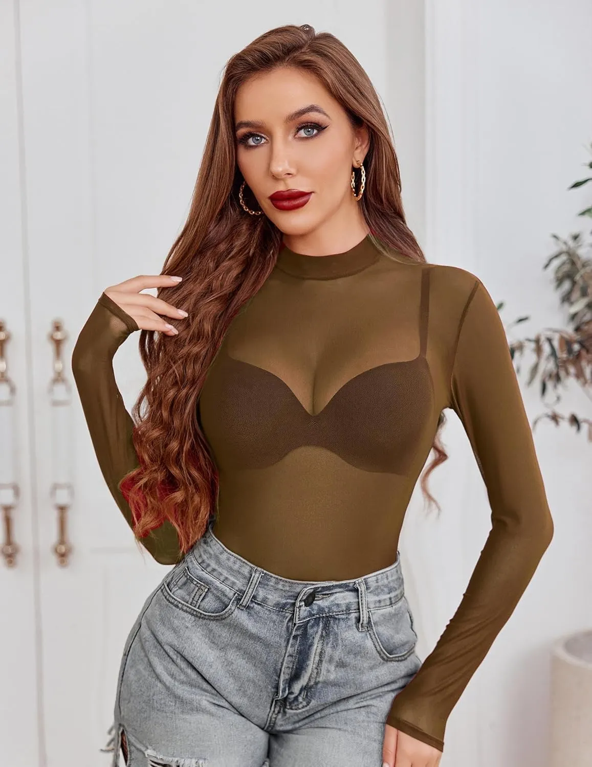 Avidlove Mesh Top for Women Long Sleeve See Through Shirt Mock Neck Sheer Blouse S-XXL