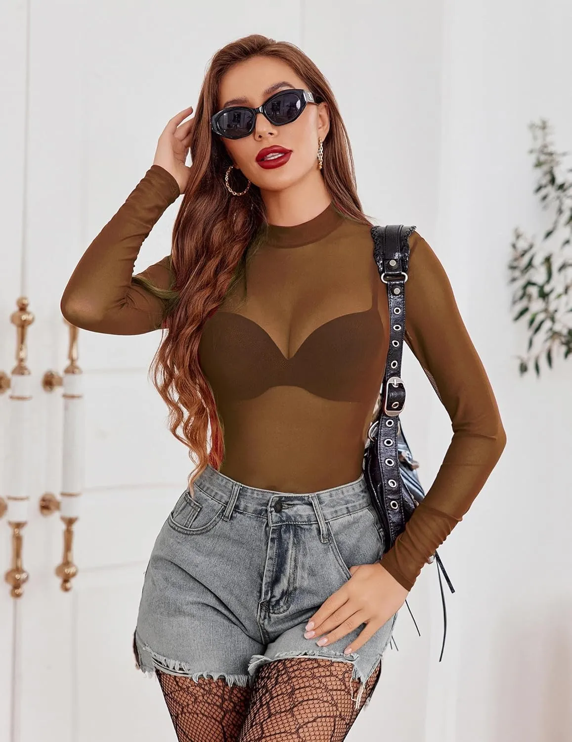 Avidlove Mesh Top for Women Long Sleeve See Through Shirt Mock Neck Sheer Blouse S-XXL