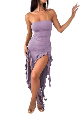 Balimtoy Women's Y2k Ruffle Dress Strapless Split Thigh Ruched Bodycon Midi Tube Dress Formal Summer Party Dress