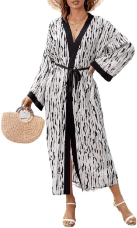 Bestyyou Women's Printed Kimono Cardigan with Tie Long Robe Dress Belted Bikini Swimsuit Cover Up Swimwear