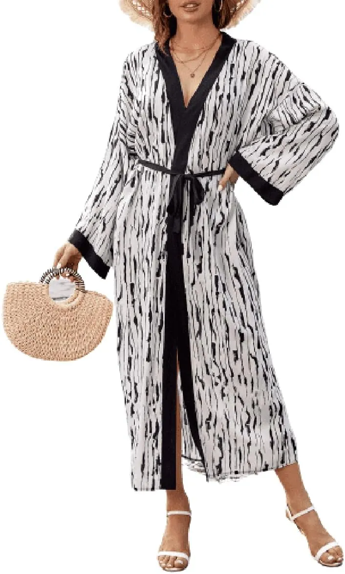 Bestyyou Women's Printed Kimono Cardigan with Tie Long Robe Dress Belted Bikini Swimsuit Cover Up Swimwear