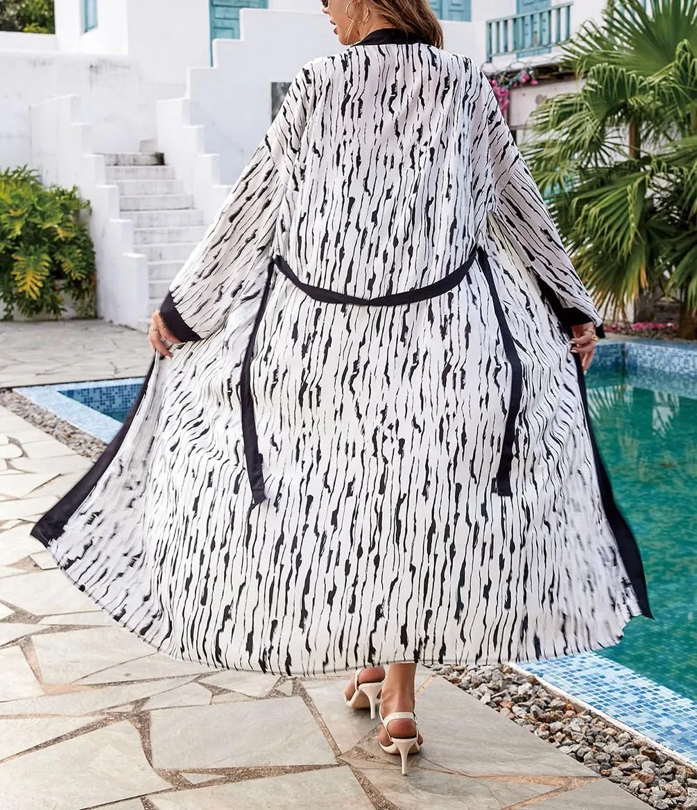 Bestyyou Women's Printed Kimono Cardigan with Tie Long Robe Dress Belted Bikini Swimsuit Cover Up Swimwear