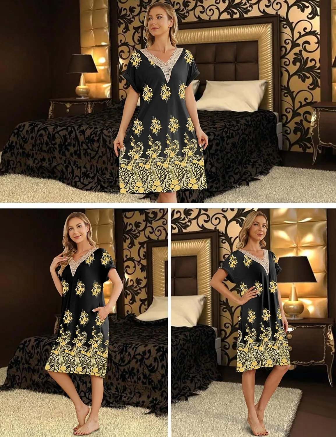Bloggerlove Womens Cotton Nightgown House Dress with Pockets Moo Moo Nightgown Lace V Neck Mumu Short Sleeve Lounge Dress