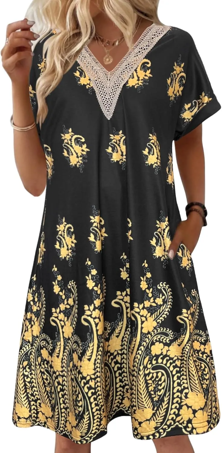 Bloggerlove Womens Cotton Nightgown House Dress with Pockets Moo Moo Nightgown Lace V Neck Mumu Short Sleeve Lounge Dress