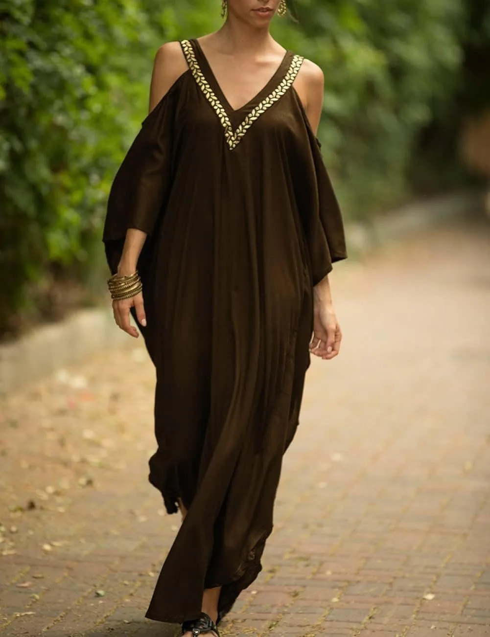 Bsubseach Turkish Cold Shoulder Kaftan Dresses Swimsuit Cover Up Maxi Dress Beach Cover Ups