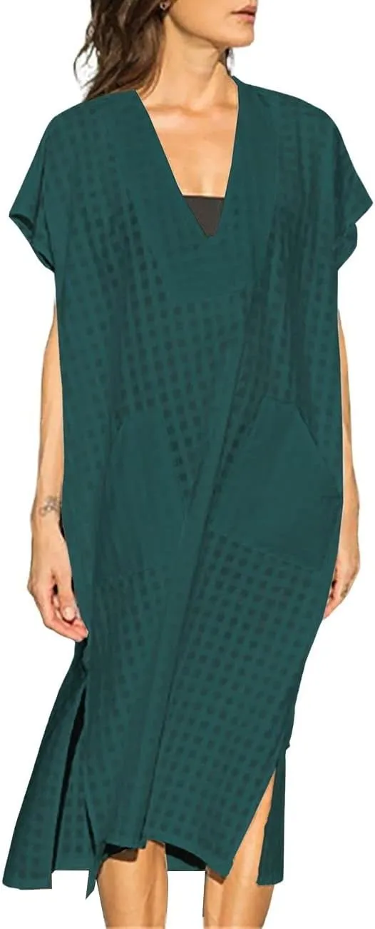 Bsubseach Women Plaid Swimsuit Cover Up V Neck Kaftan Dresses Caftan Maxi Dress