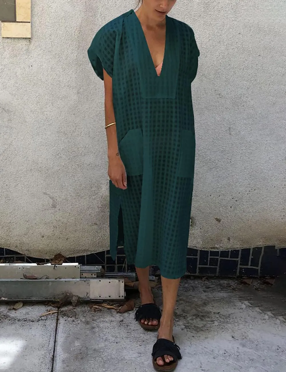 Bsubseach Women Plaid Swimsuit Cover Up V Neck Kaftan Dresses Caftan Maxi Dress