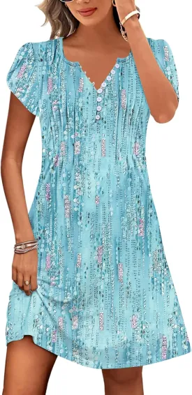 Disamer Womens Casual Dresses Short Sleeve Summer Dresses 2025 Boho Floral Beach Sundresses Spring A-Line Dress with Pockets
