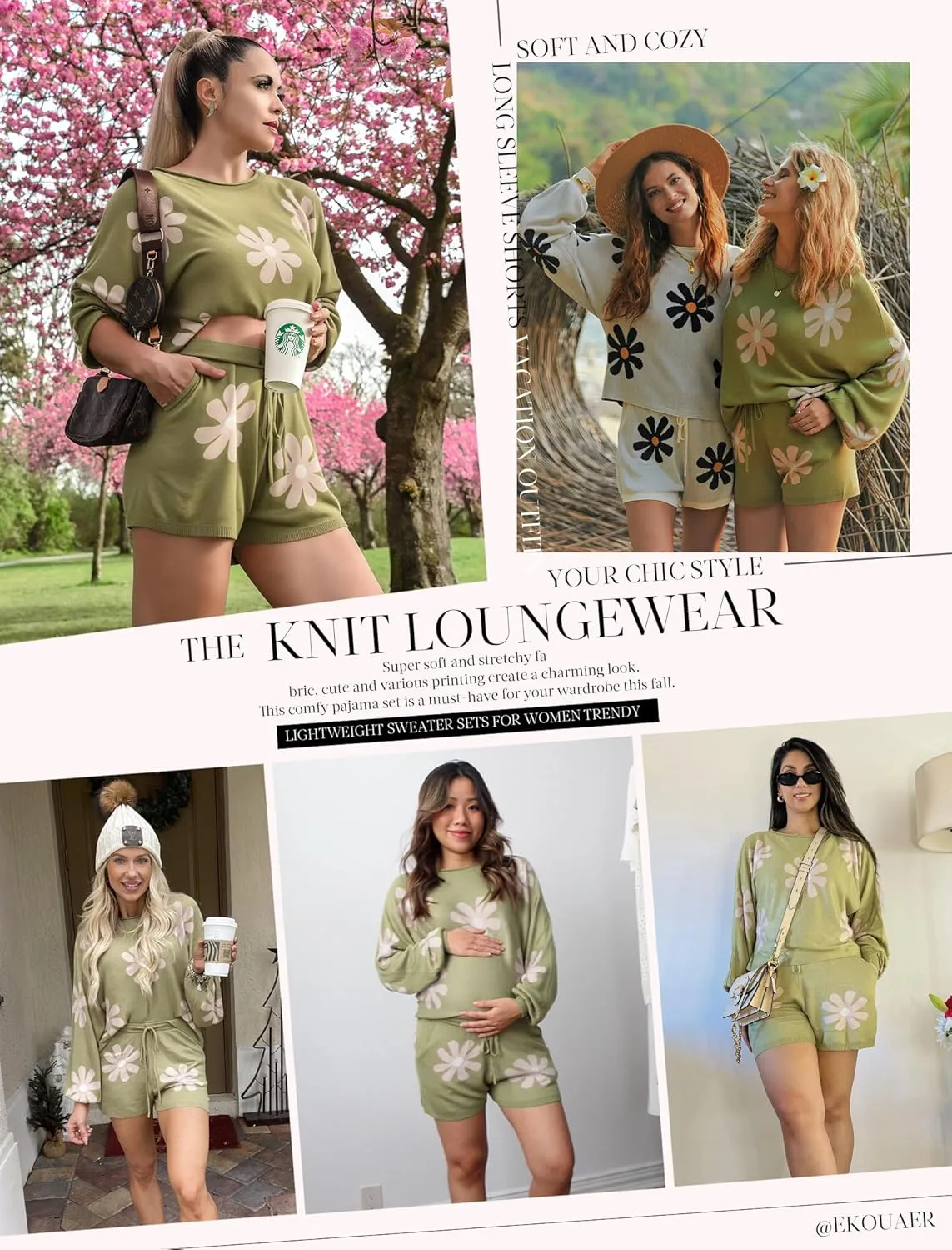 Ekouaer Knit Pajamas Set for Women Lounge Wear Sets Long Sleeve Sweatsuit Matching 2 Piece Outfits Casual Sweater Sets S-XXL