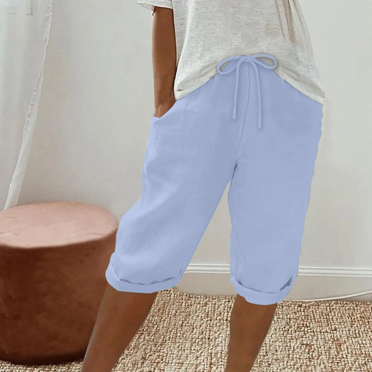 Fashionable Cotton Linen Capris Pants for Women Lounge Drawstring Stretch Loose Fit Shorts Plus Size Beach Outdoor Wear