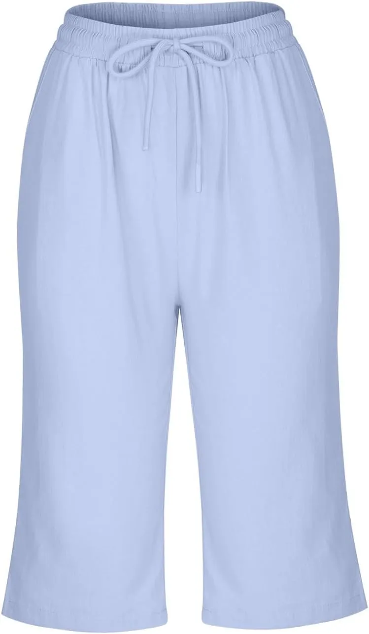 Fashionable Cotton Linen Capris Pants for Women Lounge Drawstring Stretch Loose Fit Shorts Plus Size Beach Outdoor Wear