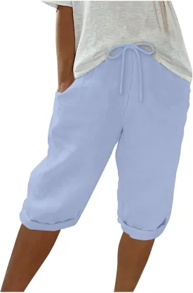 Fashionable Cotton Linen Capris Pants for Women Lounge Drawstring Stretch Loose Fit Shorts Plus Size Beach Outdoor Wear
