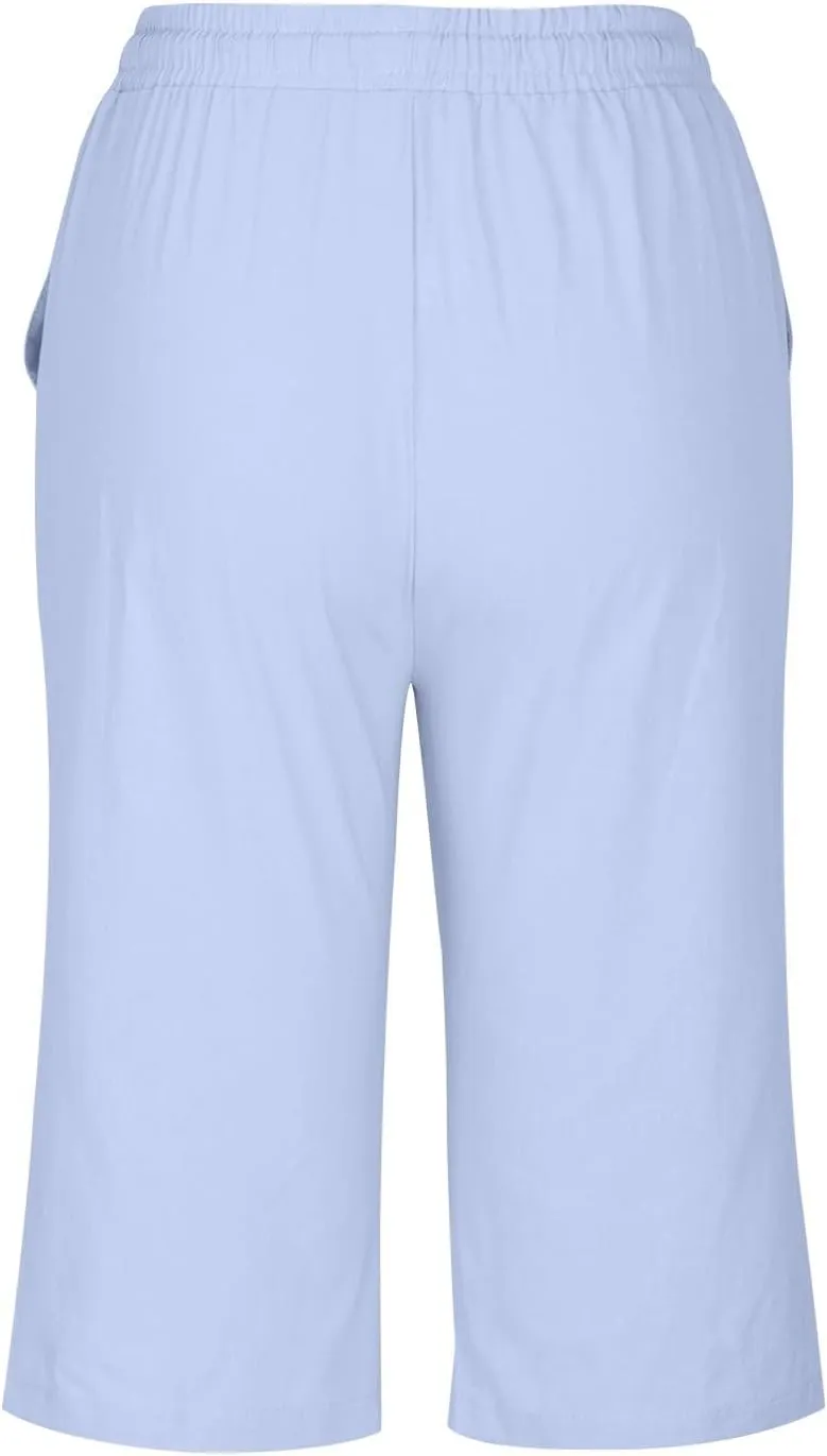 Fashionable Cotton Linen Capris Pants for Women Lounge Drawstring Stretch Loose Fit Shorts Plus Size Beach Outdoor Wear