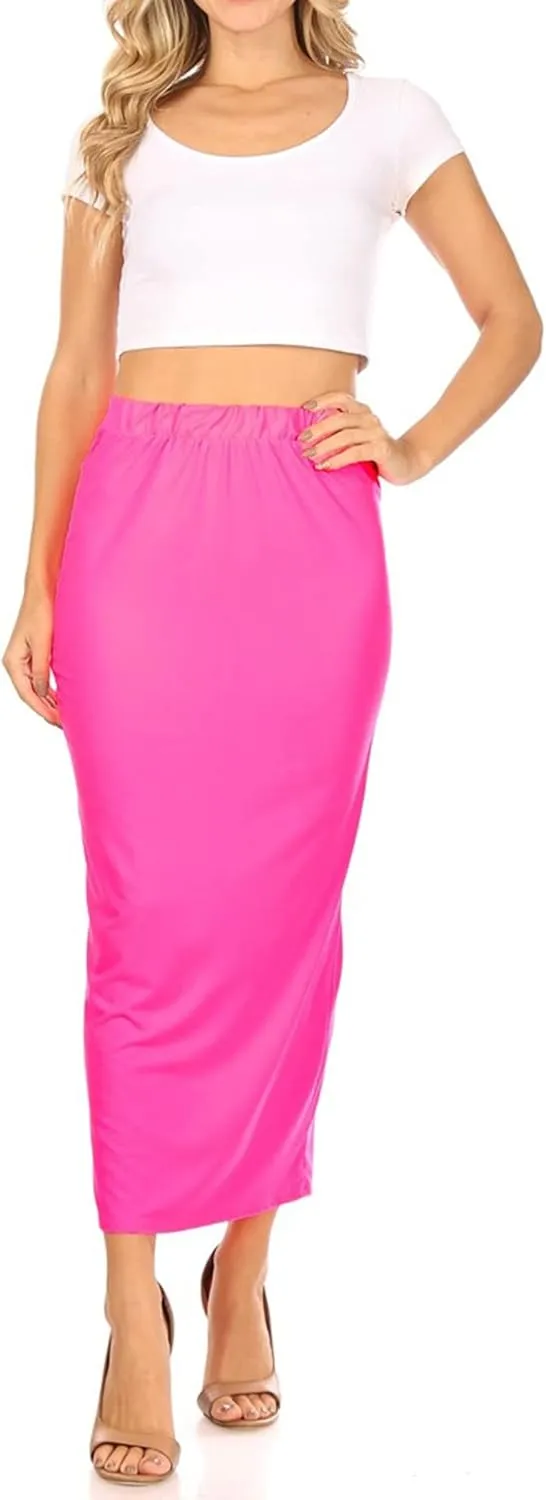 FashionJOA Women's Casual Back Slit Solid Bodycon Pencil Midi Skirt