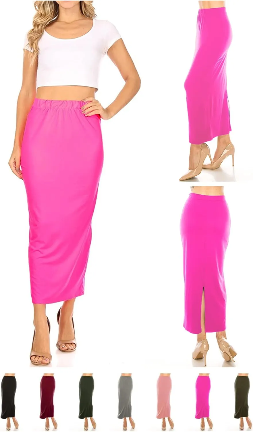 FashionJOA Women's Casual Back Slit Solid Bodycon Pencil Midi Skirt