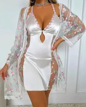 Floral Embroidery V-Neck Halter Backless Slim Fit Nightgown Sheer Mesh Cutout Sexy Babydolls