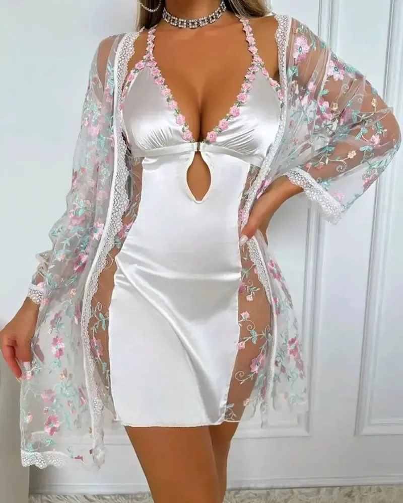 Floral Embroidery V-Neck Halter Backless Slim Fit Nightgown Sheer Mesh Cutout Sexy Babydolls