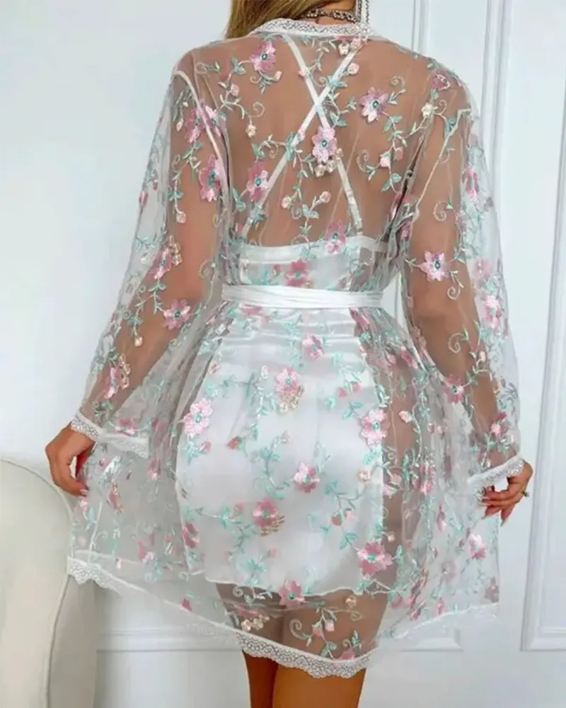 Floral Embroidery V-Neck Halter Backless Slim Fit Nightgown Sheer Mesh Cutout Sexy Babydolls