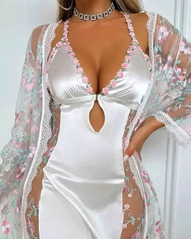 Floral Embroidery V-Neck Halter Backless Slim Fit Nightgown Sheer Mesh Cutout Sexy Babydolls