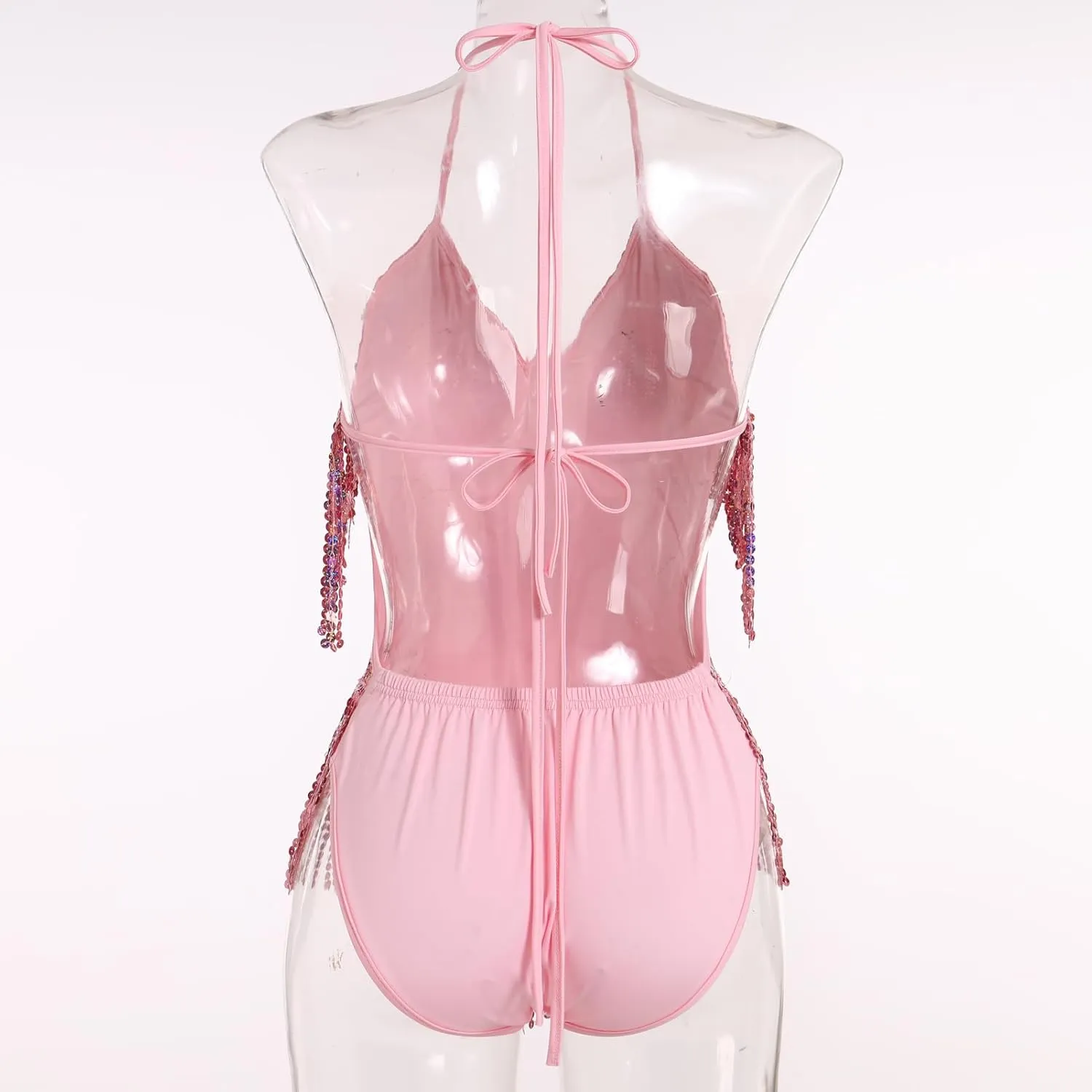 FYMNSI Women Music Festival Rave Outfits Sleeveless Sequins Tassel Bodysuit Leotards One Piece Nightclub Halloween Costume