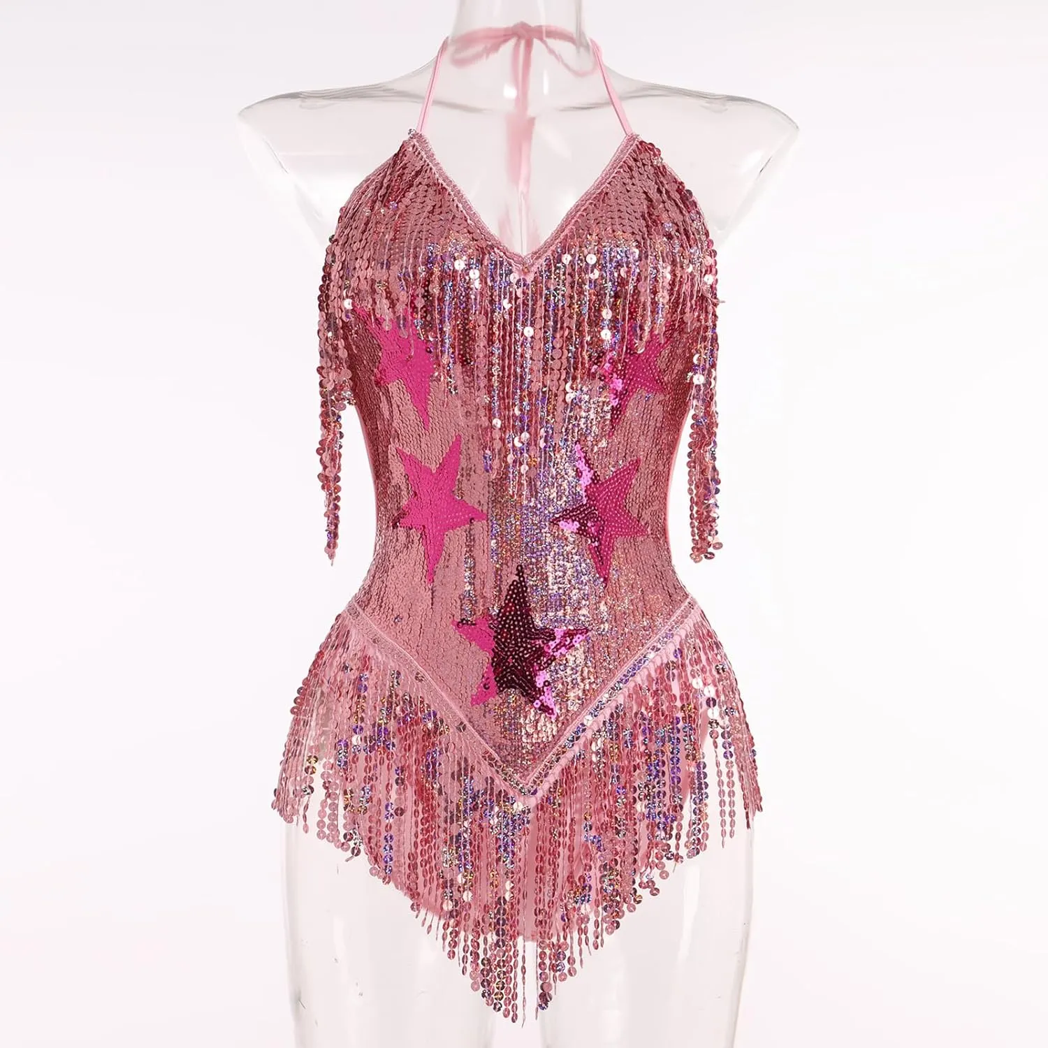 FYMNSI Women Music Festival Rave Outfits Sleeveless Sequins Tassel Bodysuit Leotards One Piece Nightclub Halloween Costume
