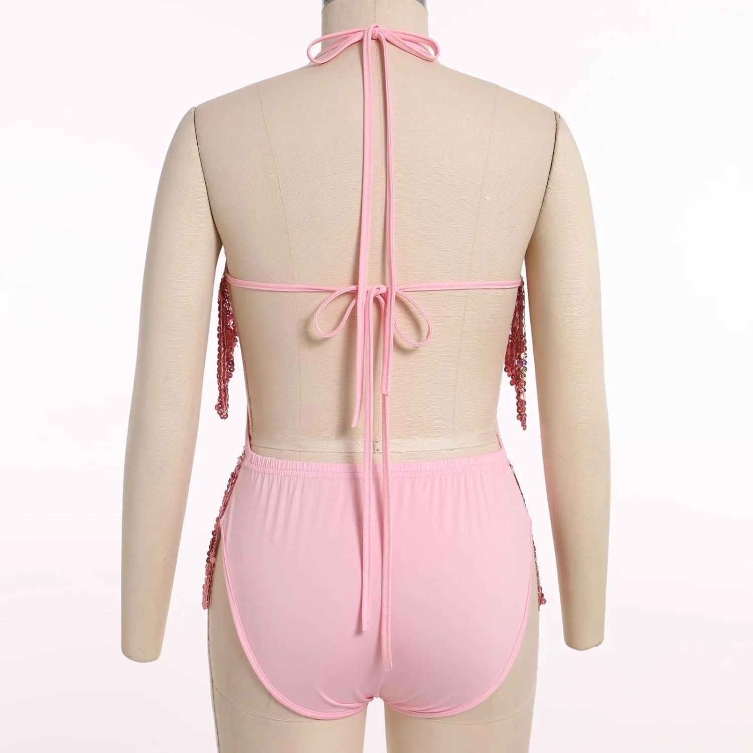 FYMNSI Women Music Festival Rave Outfits Sleeveless Sequins Tassel Bodysuit Leotards One Piece Nightclub Halloween Costume