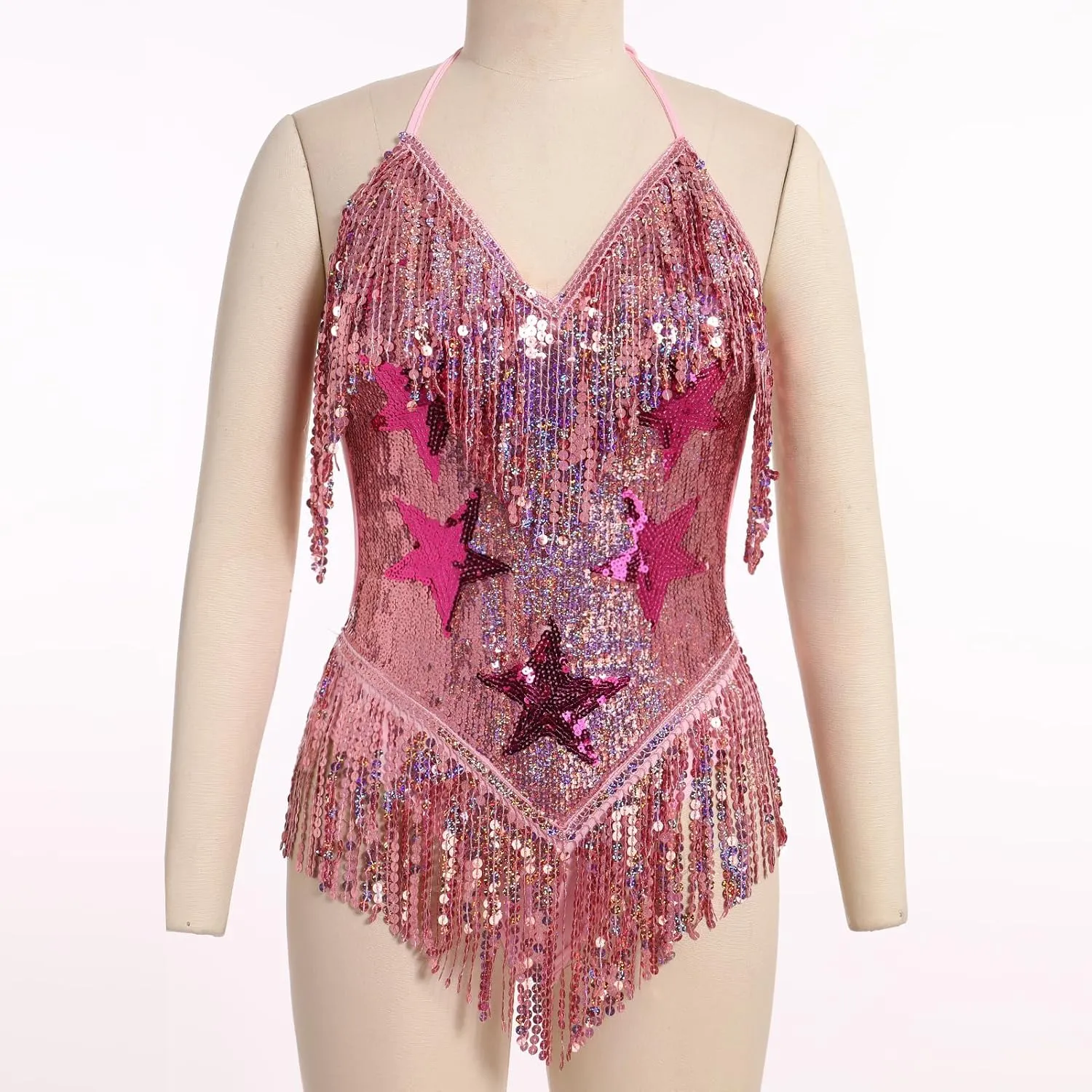 FYMNSI Women Music Festival Rave Outfits Sleeveless Sequins Tassel Bodysuit Leotards One Piece Nightclub Halloween Costume