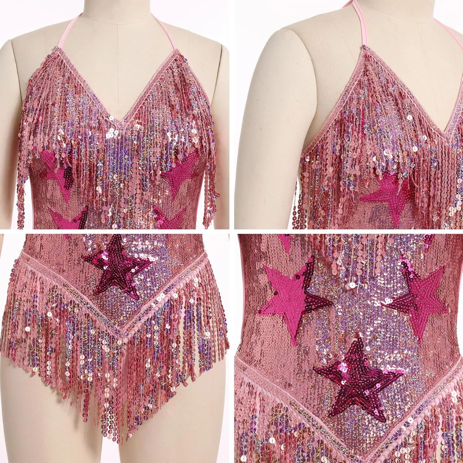 FYMNSI Women Music Festival Rave Outfits Sleeveless Sequins Tassel Bodysuit Leotards One Piece Nightclub Halloween Costume
