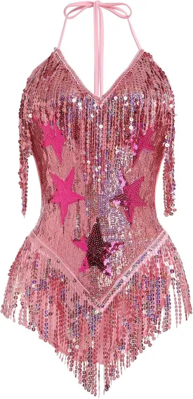 FYMNSI Women Music Festival Rave Outfits Sleeveless Sequins Tassel Bodysuit Leotards One Piece Nightclub Halloween Costume