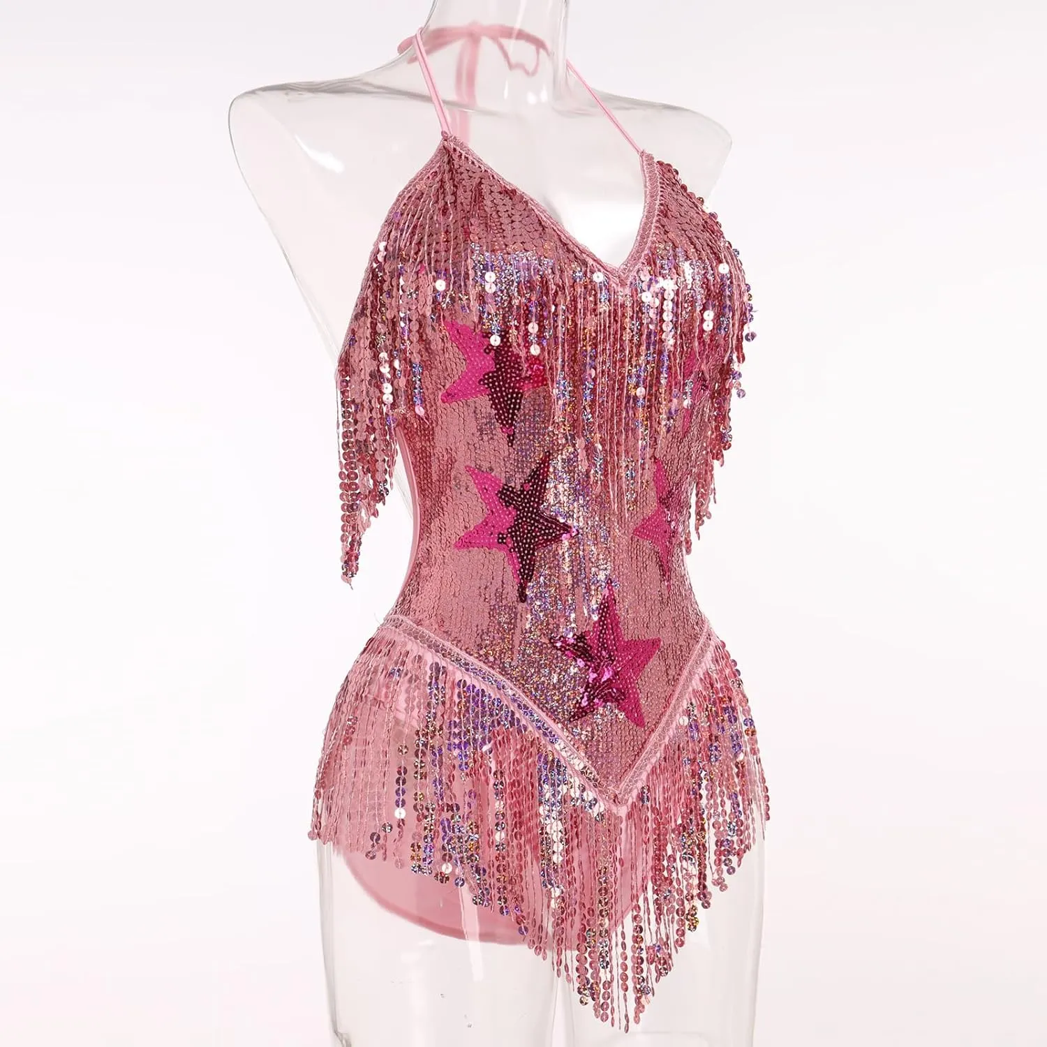 FYMNSI Women Music Festival Rave Outfits Sleeveless Sequins Tassel Bodysuit Leotards One Piece Nightclub Halloween Costume