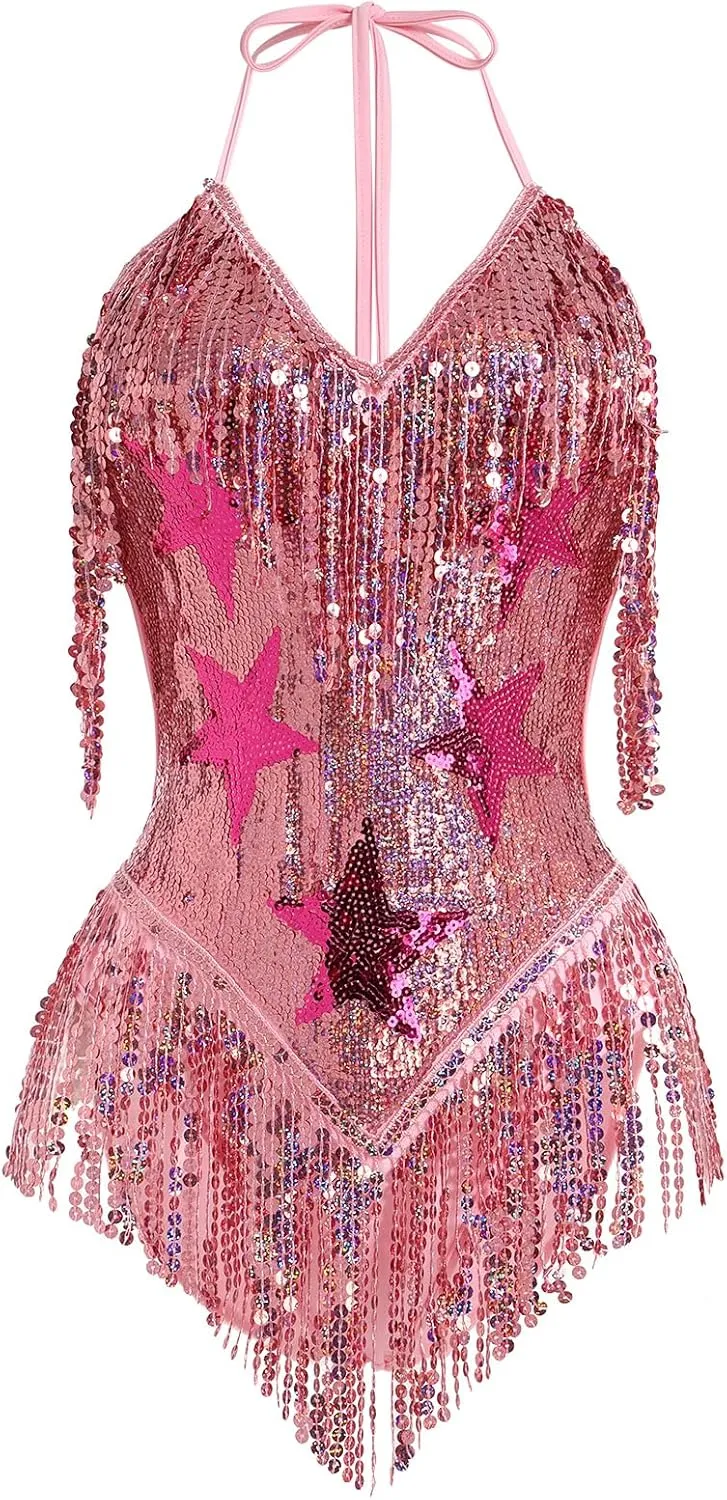 FYMNSI Women Music Festival Rave Outfits Sleeveless Sequins Tassel Bodysuit Leotards One Piece Nightclub Halloween Costume