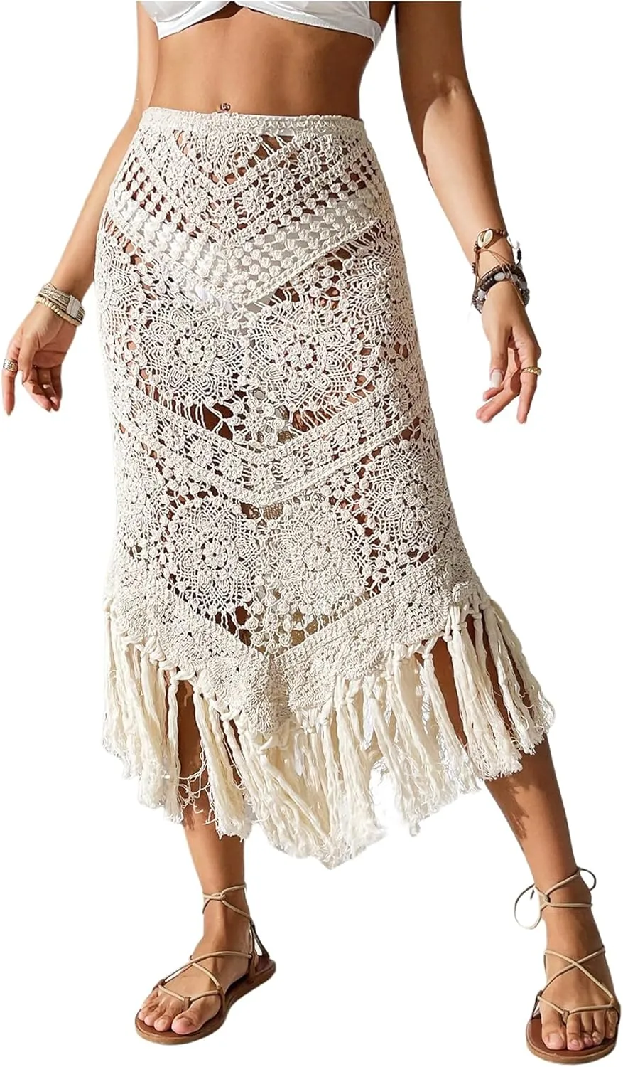 GORGLITTER Women's Crochet Beach Skirt Hollow Out Fringe High Waisted Bathing Suit Cover Up