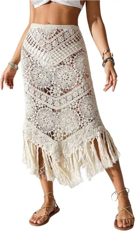 GORGLITTER Women's Crochet Beach Skirt Hollow Out Fringe High Waisted Bathing Suit Cover Up